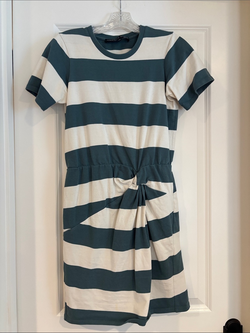 Veronica Beard Green and Cream Striped Knot-Front Mini Dress